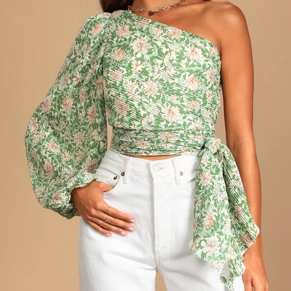 Lulus Grow Toward Love Green Floral Print Pleated One-Shoulder Top - Picture 1 of 7